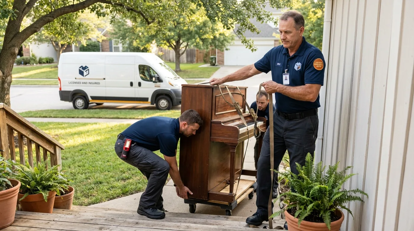 Licensed piano movers securing grand piano in Hermann, MO