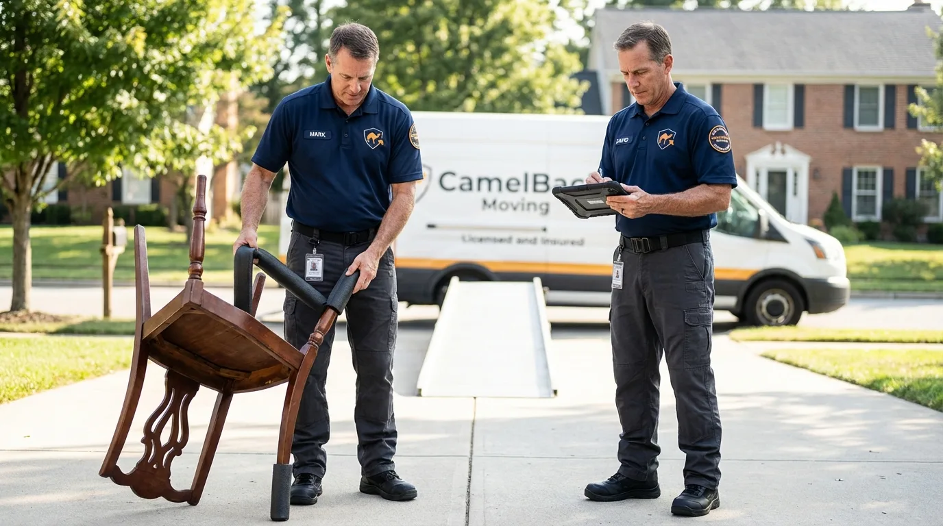 Movers inspecting furniture for damage prevention before loading in Hermann, MO