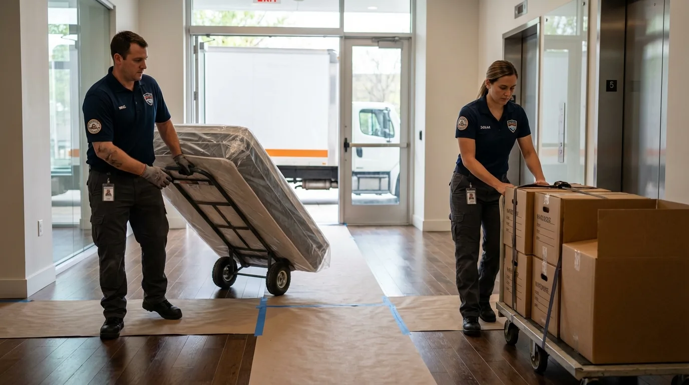 Professional apartment movers loading elevator in Hermann, MO